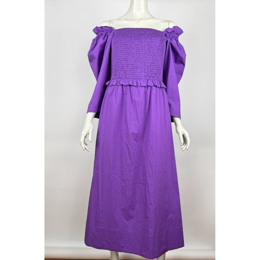 SEA NY Tabitha Smocked Midi Dress‎ Women 8 Zip Closure Square Neck Stretch Neck